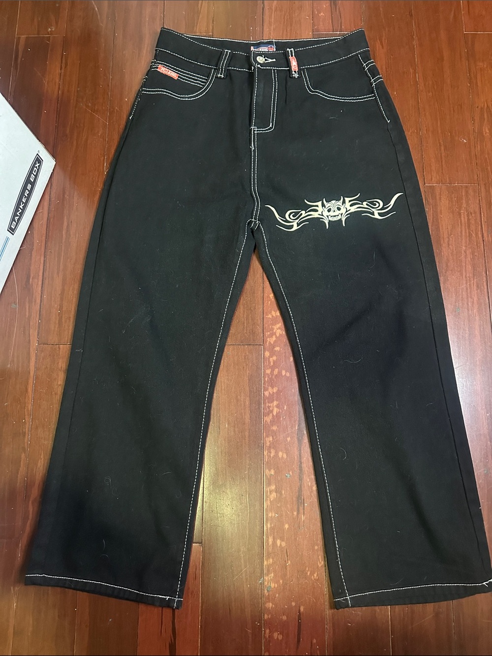 JNCO Style Black Baggy Wide Leg Jeans Contrast Stitch Tribal Gothic - Size L